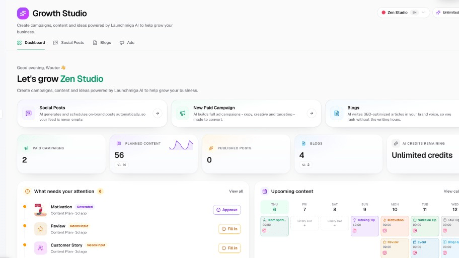 Growth Studio dashboard with planned content and what needs your attention
