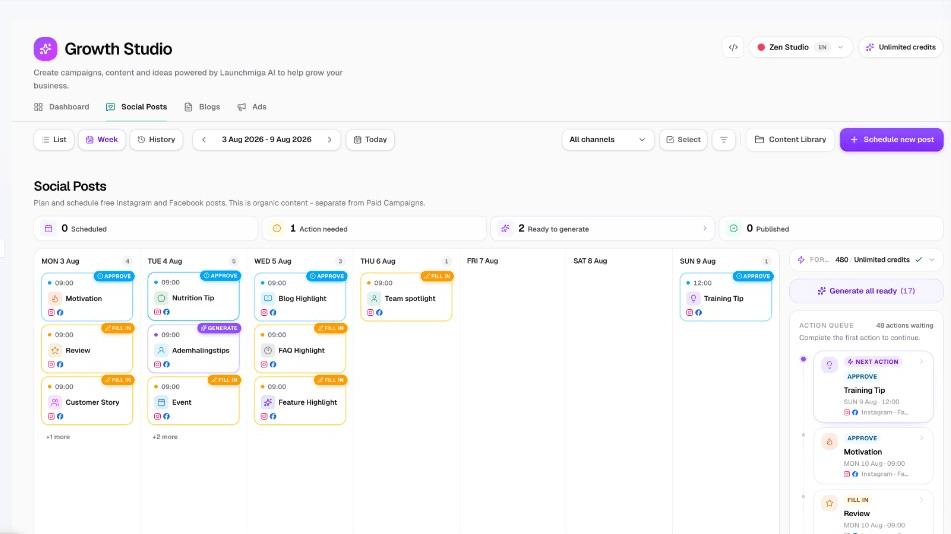 Weekly planner with social posts per day for Instagram and Facebook