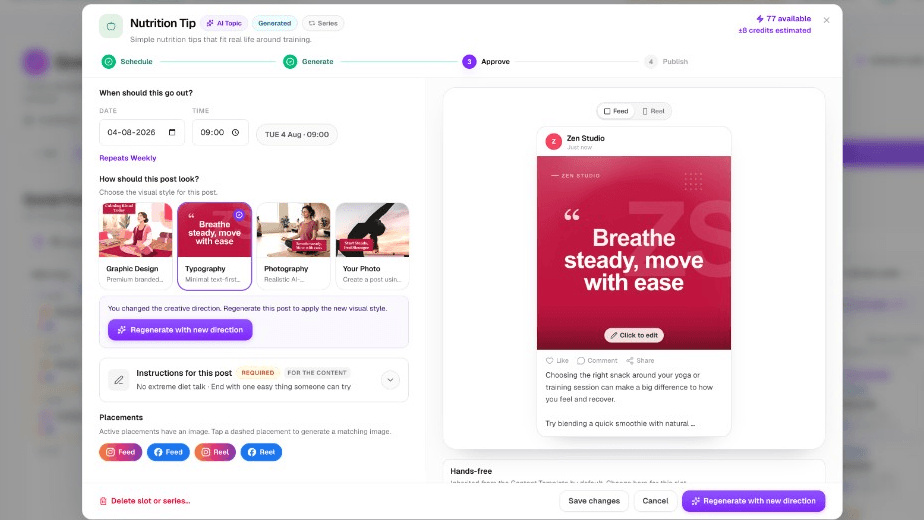 Post editor with visual style options and a live preview of the post